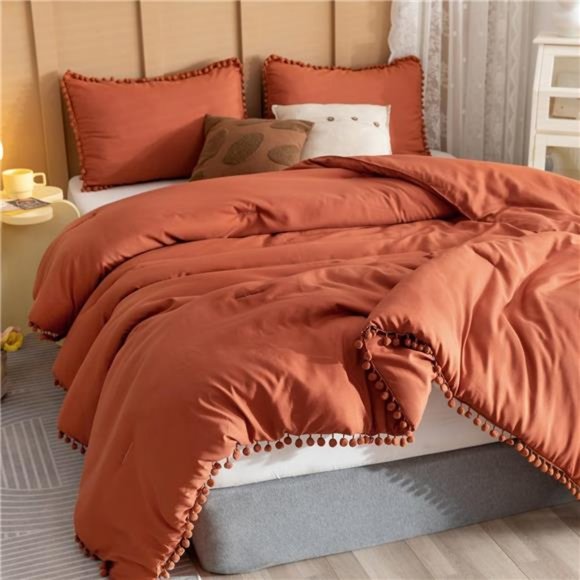 Terracotta Queen Comforter Set 3pcs Boho Ball Pom Bedding Aesthetic Burnt Orange - Picture 1 of 6